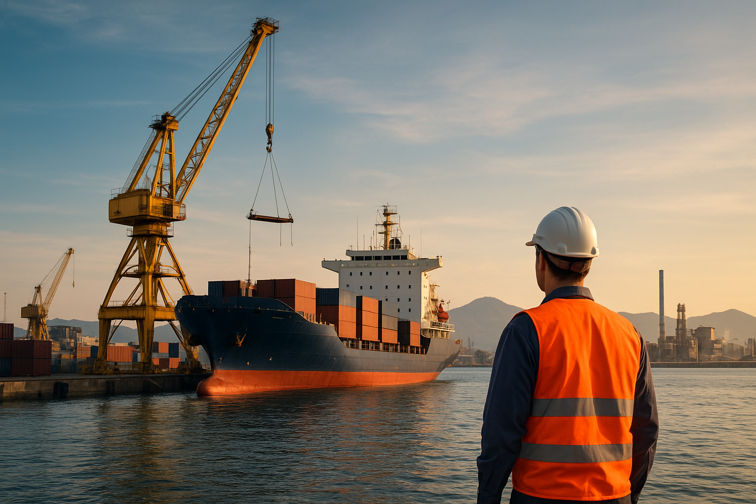 Vista do Estaleiro de Construção Naval Mauá no Rio de Janeiro com embarcações offshore FPSO