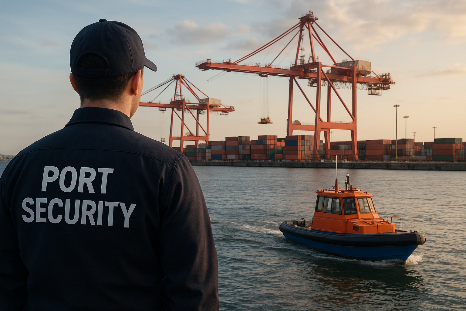 Ilustração de segurança cibernética no setor portuário com embarcação e guindastes sobrepostos por símbolo de cadeado digital