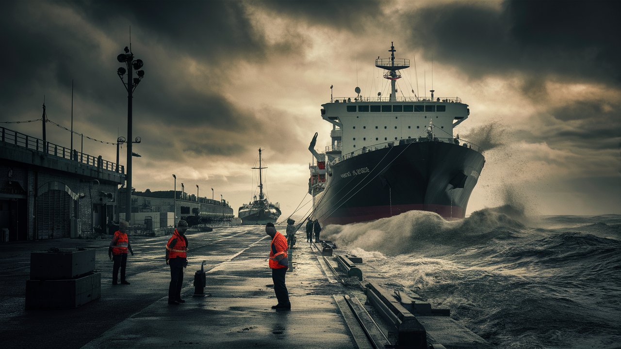 Navio atracado em porto durante tempestade, com ondas fortes e trabalhadores em ação sob céu nublado