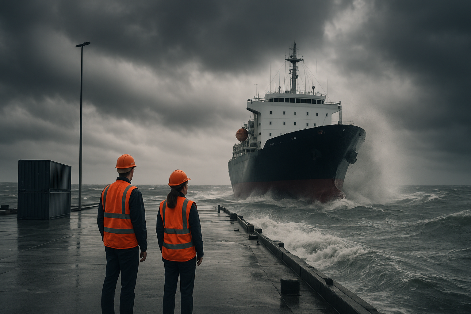 Navio atracado em porto durante tempestade, com ondas fortes e trabalhadores em ação sob céu nublado