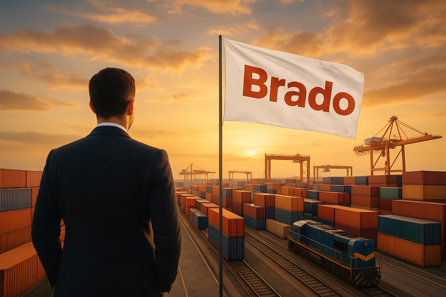 Imagem aérea de terminal ferroviário com contêineres empilhados, trens em operação e área de logística em expansão, com destaque para bandeira da Brado e gruas em funcionamento