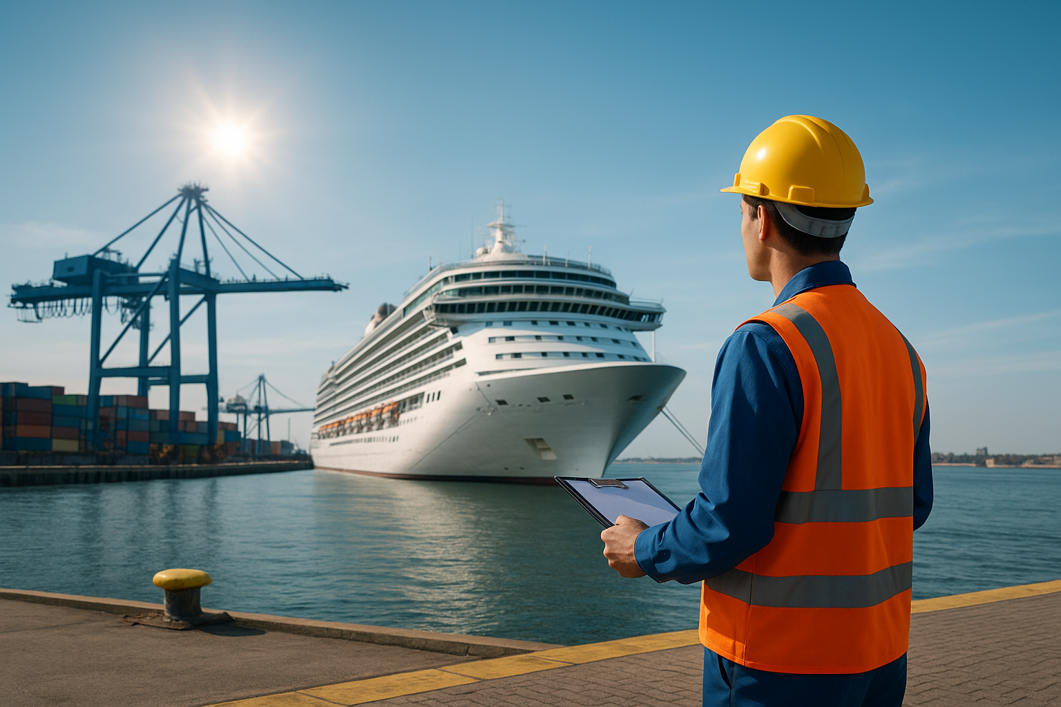Foto do cais Holland Amerikakade no Porto de Roterdã com navio de cruzeiro atracado e conectado à nova estrutura de energia elétrica terrestre, em ambiente moderno e ensolarado