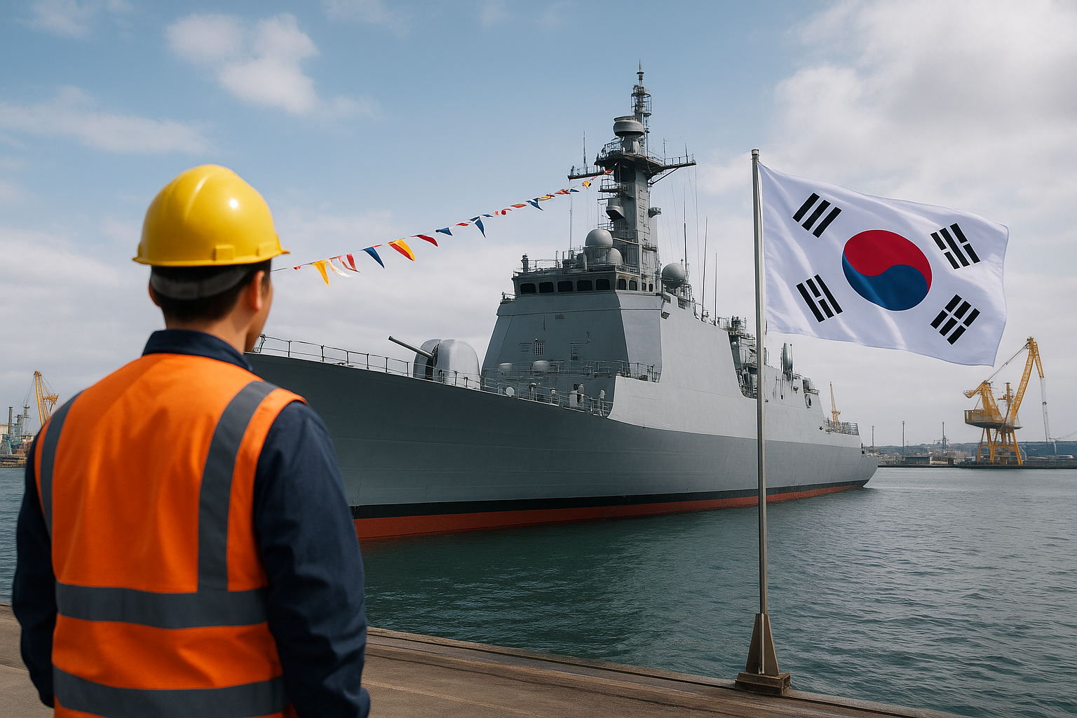 Imagem realista da fragata BRP Diego Silang durante o lançamento na Coreia do Sul, com bandeiras das Filipinas e da Coreia ao fundo, e mar agitado refletindo o casco recém-construído da embarcação
