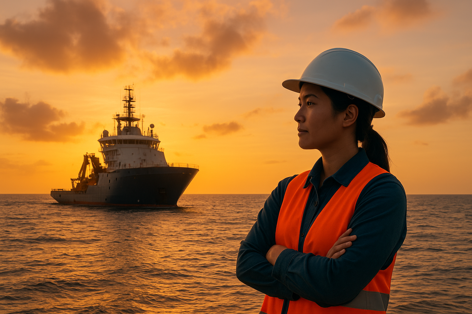 Profissional marítima observando embarcação offshore PSV 4.500 AB ao entardecer