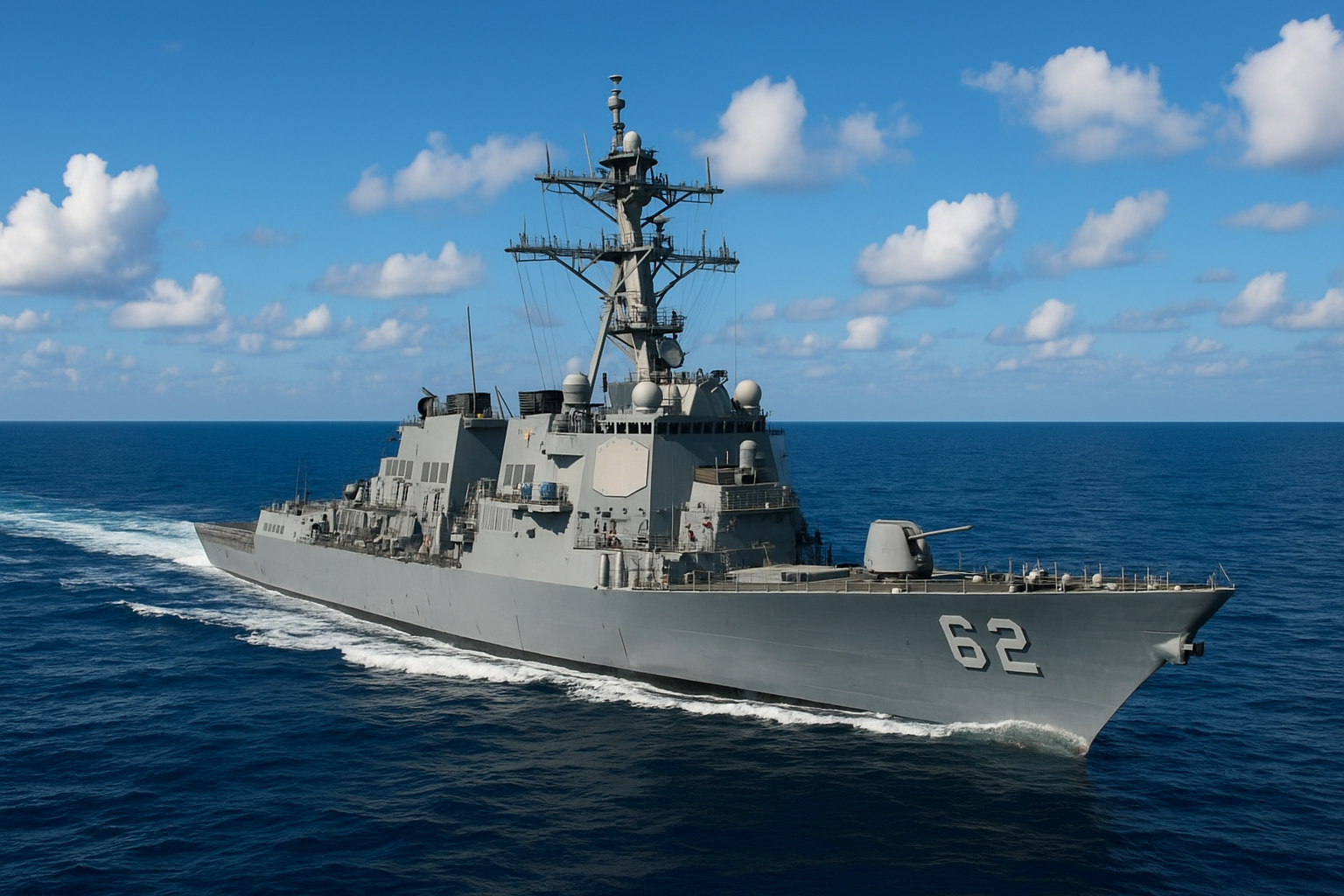 Fragata USS Constellation da Marinha dos EUA em construção naval, classe Fincantieri, navegando em mar calmo sob céu azul. Imagem: Divulgação/Poder Naval