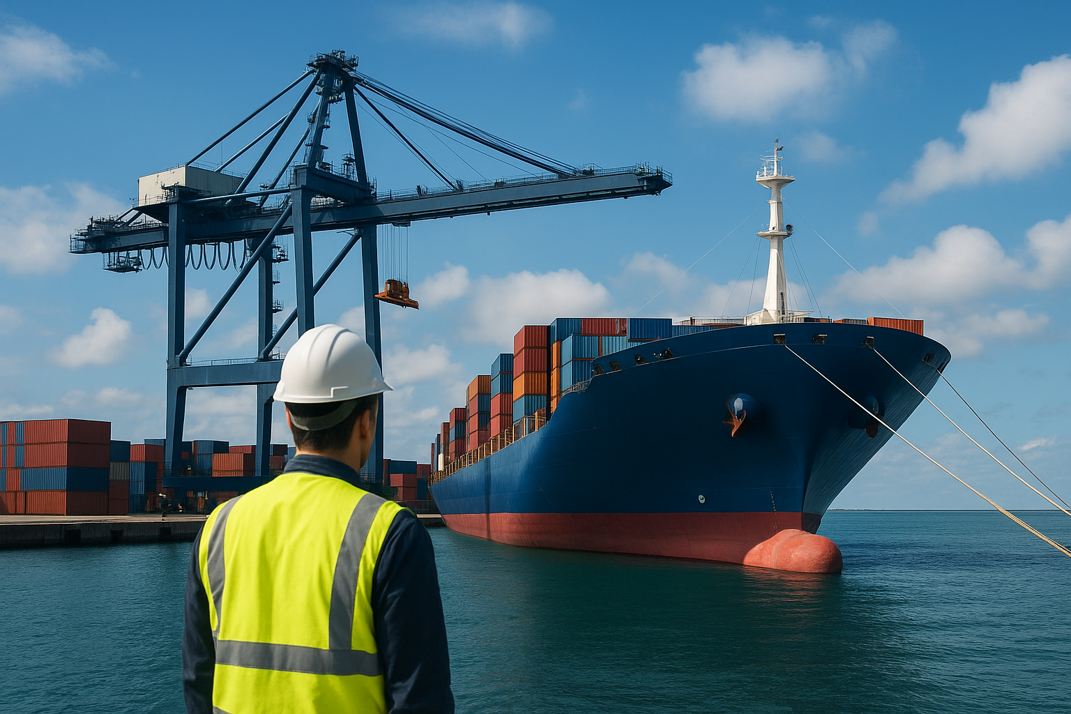 Navio de carga no Porto de Natal com a Ponte Newton Navarro ao fundo, representando a infraestrutura portuária essencial para o comércio exterior do Rio Grande do Norte. Imagem: Carla Belke/Divulgação CODERN