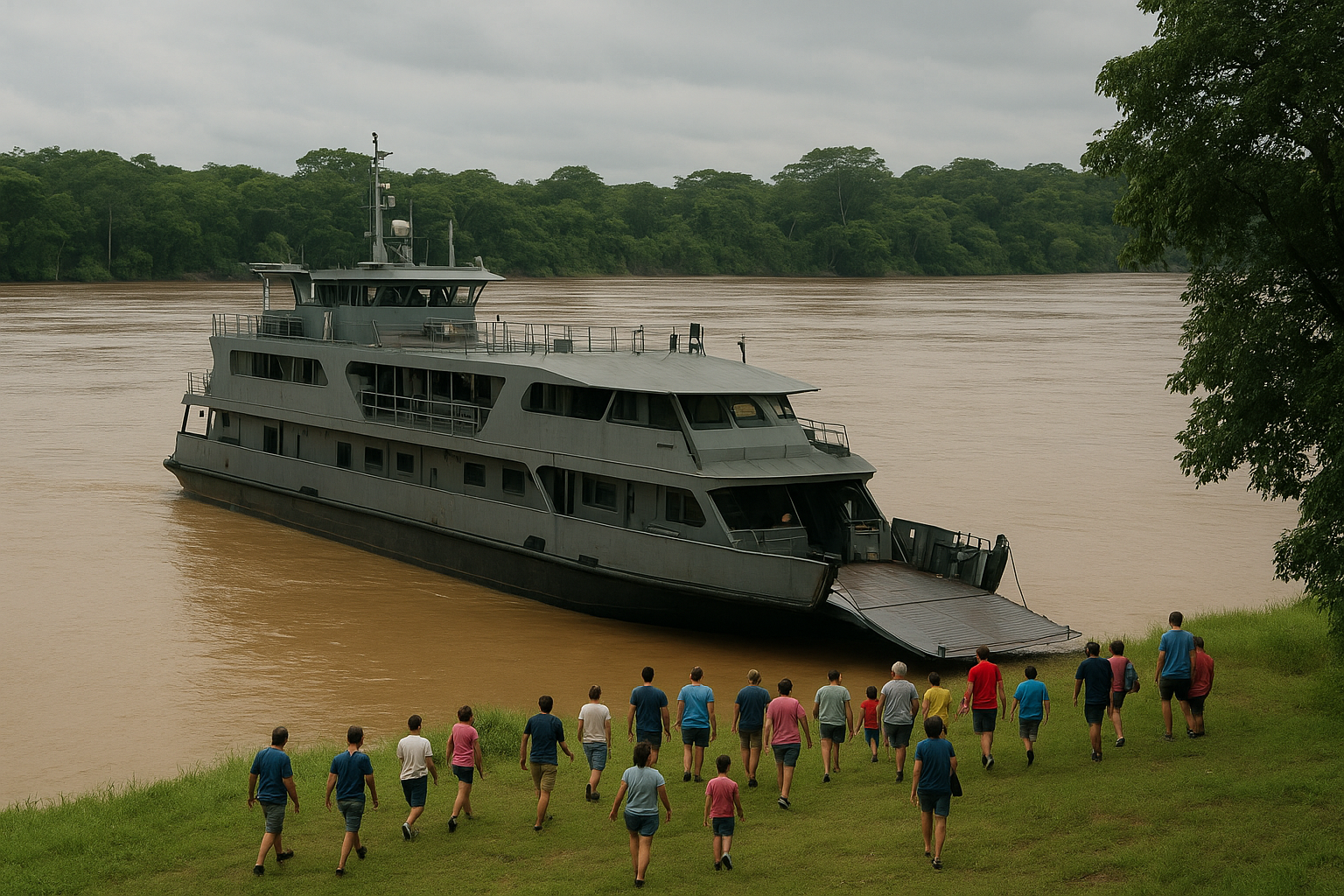 Navio-Patrulha Fluvial da Marinha do Brasil no Rio Juruá, com população ribeirinha sendo atendida durante a operação.