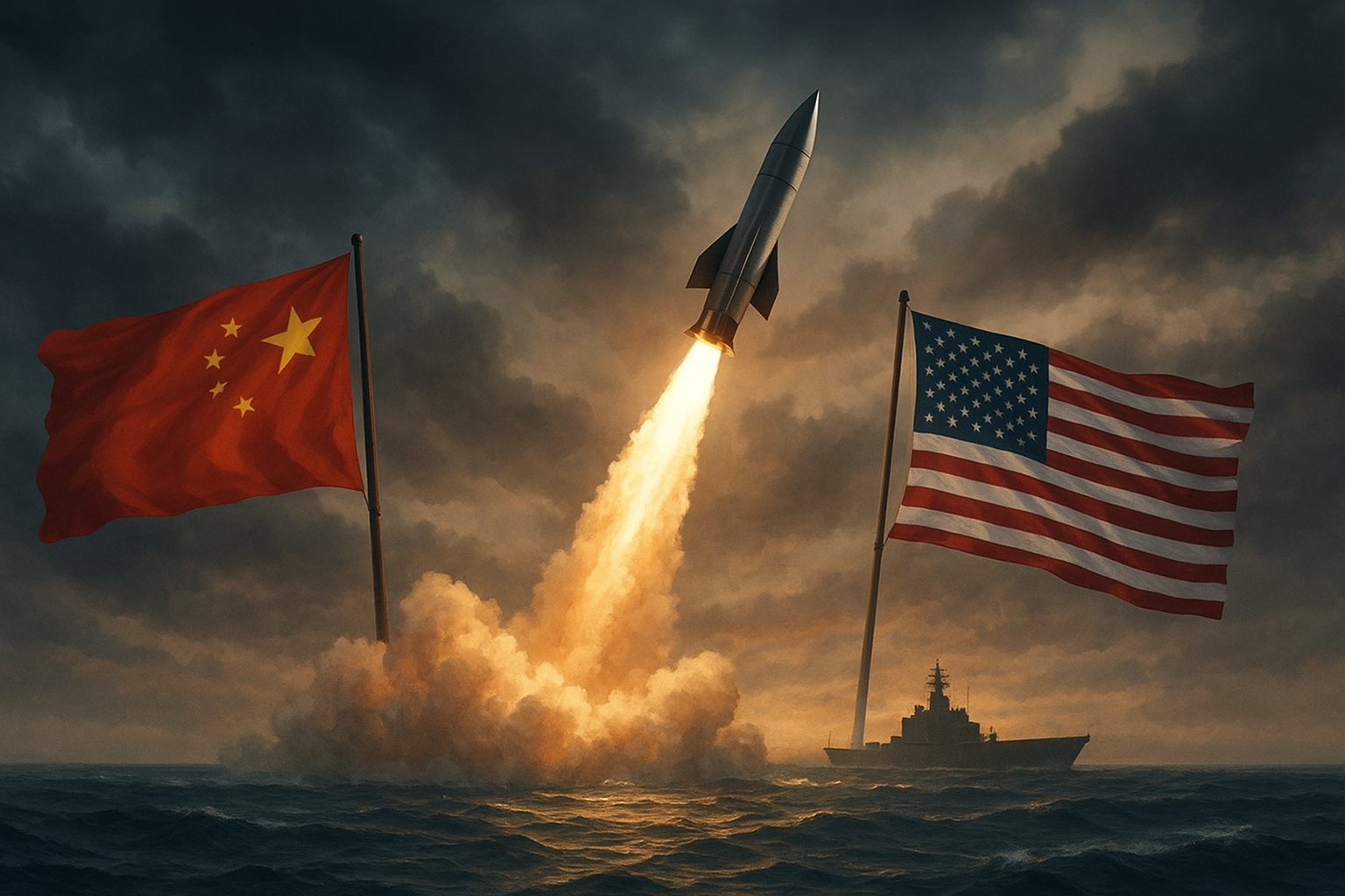 China pode destruir porta-aviões dos EUA em 20 minutos com mísseis hipersônicos, segundo o secretário de Defesa americano. (Ilustração/Ideogram)